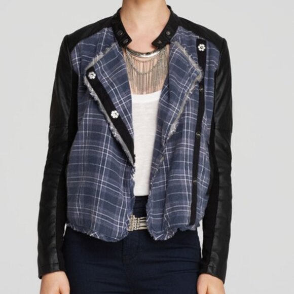 Flawed Free People Pieced Faux Leather Moto Jacket Blue Plaid Size Med - Picture 1 of 12